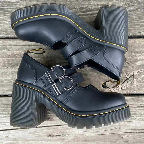 Dr. Martens Eviee Heeled Shoes in Black Sendal Leather Women's Size 6